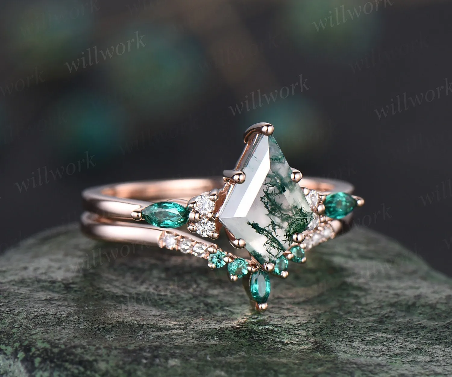 8x11mm kite green moss agate engagement ring 6 prong rose gold diamond ring marquise emerald ring vintage stacking anniversary ring set sold by Willwork Jewelry product image thumbnail 3