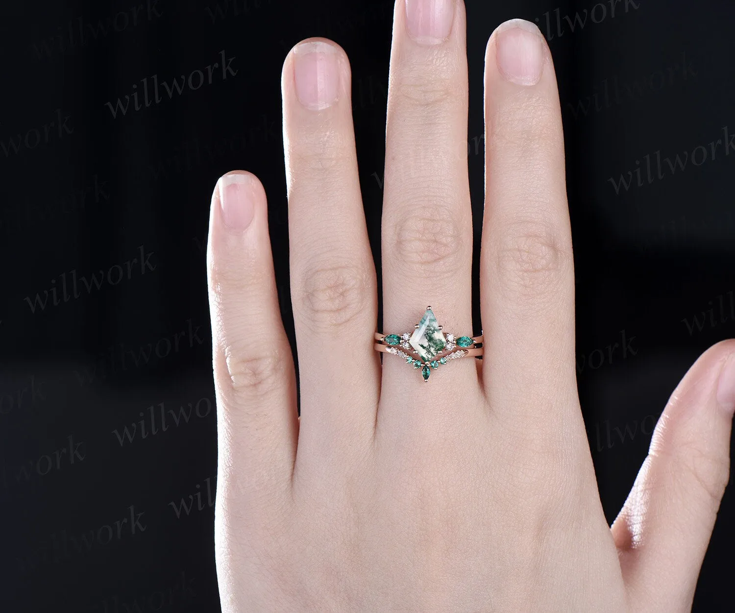 8x11mm kite green moss agate engagement ring 6 prong rose gold diamond ring marquise emerald ring vintage stacking anniversary ring set sold by Willwork Jewelry product image thumbnail 2