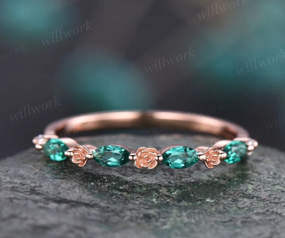 Flower marquise cut emerald wedding band solid 14k rose gold half eternity stacking wedding ring art deco bridal anniversary ring gift sold by Willwork Jewelry