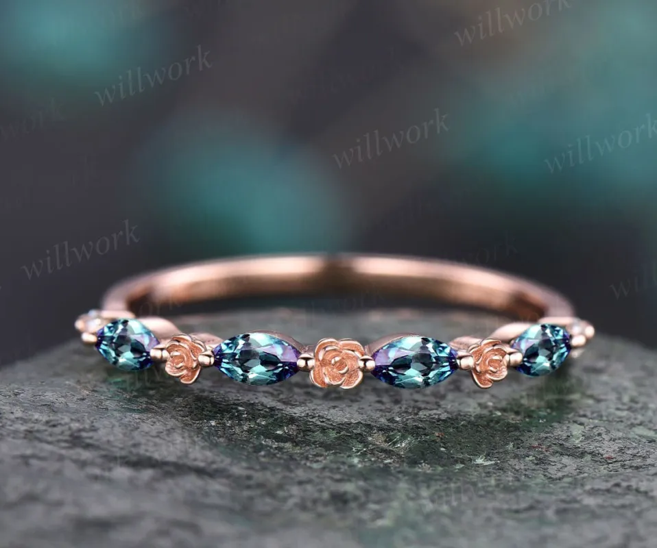 Flower marquise cut alexandrite wedding band solid 14k rose gold half eternity stacking wedding ring art deco bridal anniversary ring gift made by Willwork Jewelry
