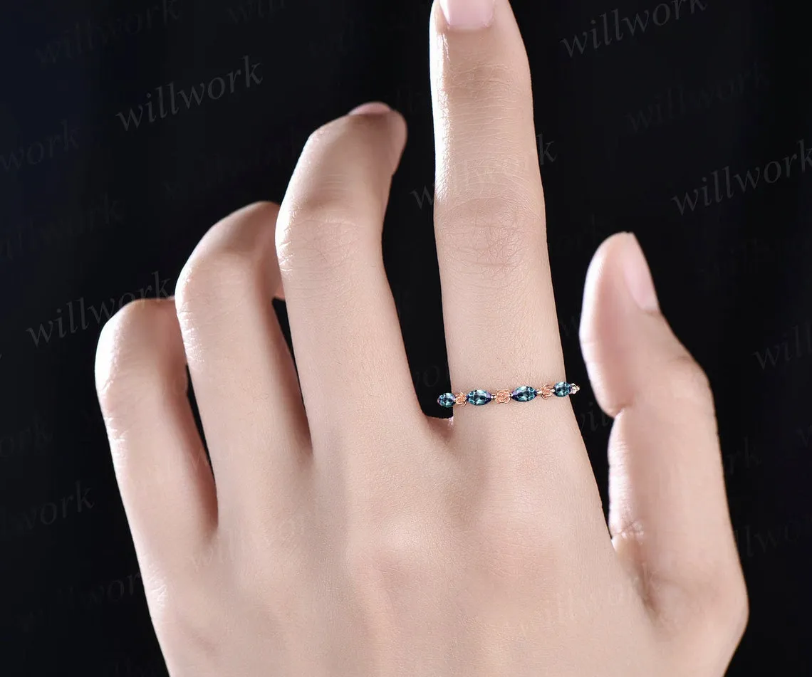 Flower marquise cut alexandrite wedding band solid 14k rose gold half eternity stacking wedding ring art deco bridal anniversary ring gift sold by Willwork Jewelry product image thumbnail 2
