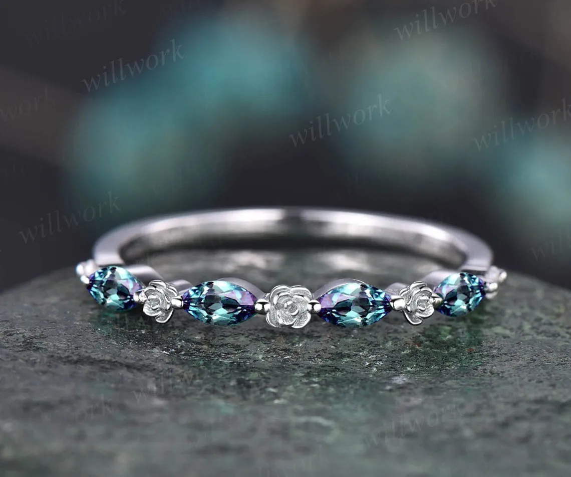 Flower marquise cut alexandrite wedding band solid 14k rose gold half eternity stacking wedding ring art deco bridal anniversary ring gift sold by Willwork Jewelry product image thumbnail 3
