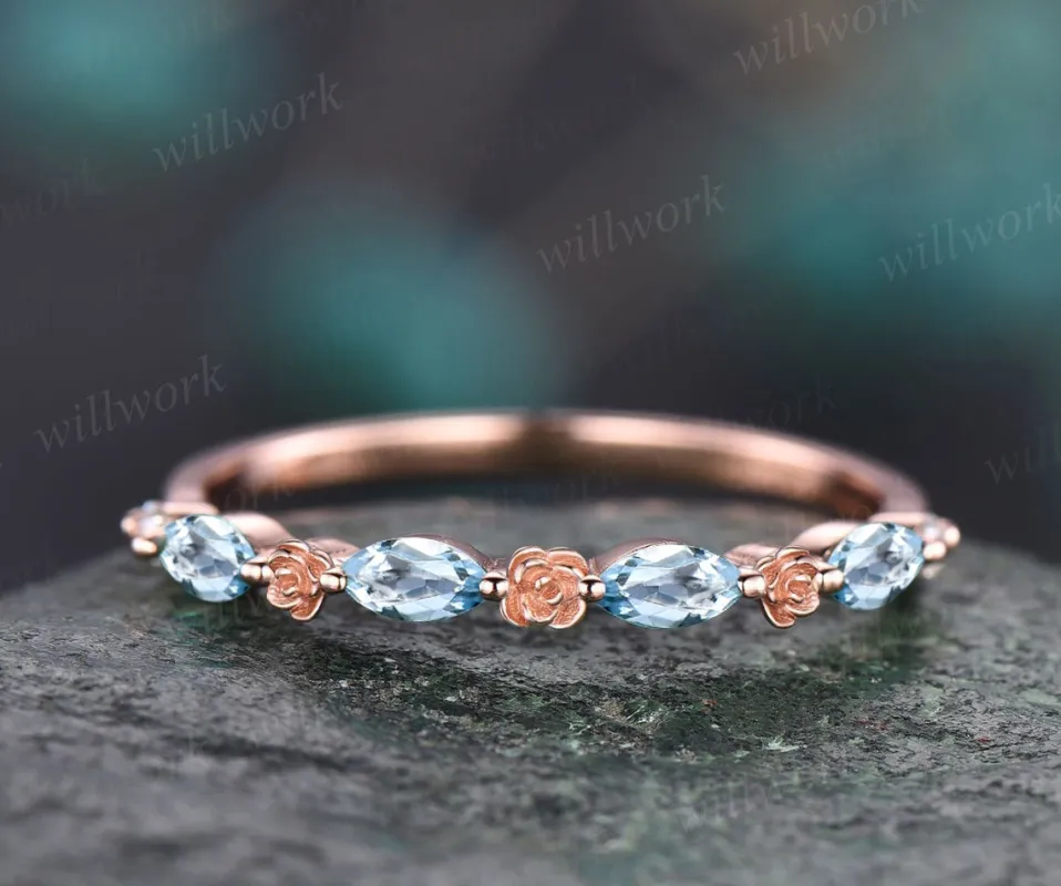 Flower marquise cut Aquamarine wedding band solid 14k rose gold half eternity stacking wedding ring art deco bridal anniversary ring gift sold by Willwork Jewelry