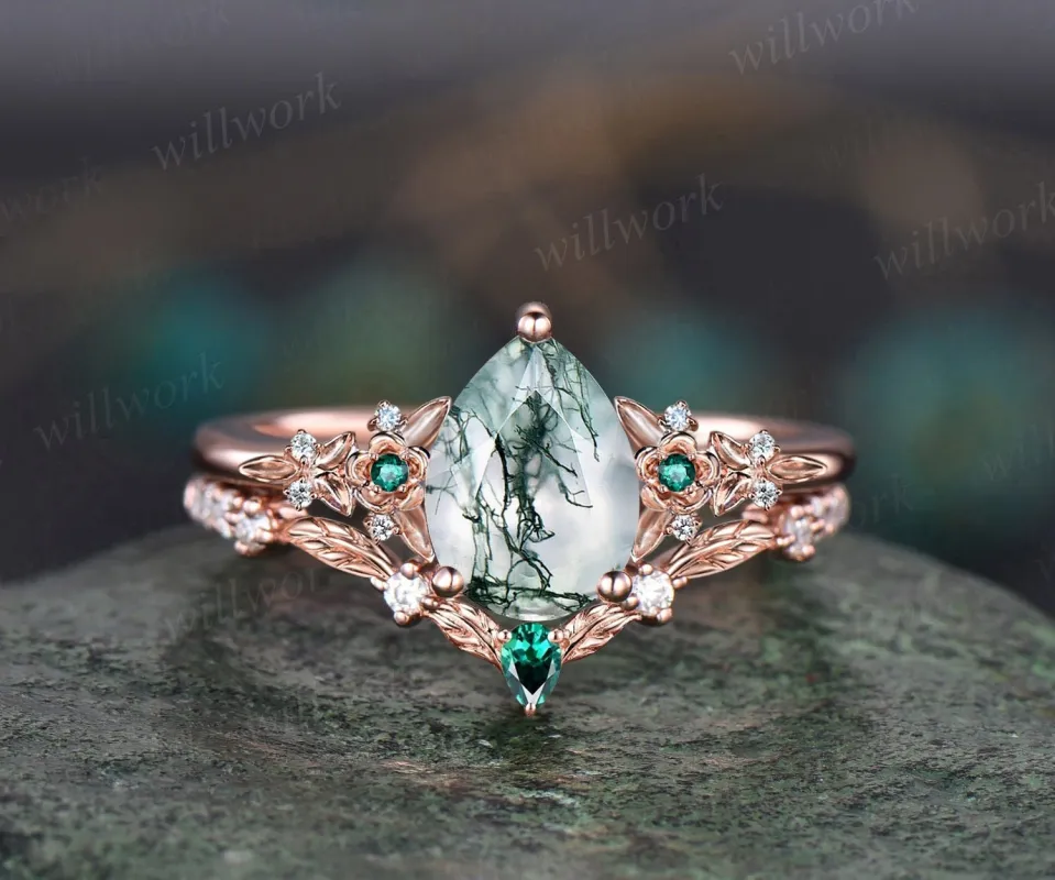 Vintage pear green moss agate engagement ring rose gold leaf flower emerald ring women unique cluster diamond bridal wedding ring set gift sold by Willwork Jewelry