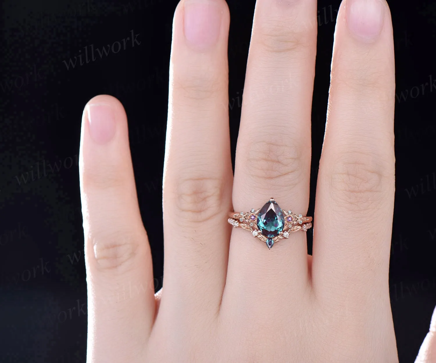 Vintage pear alexandrite engagement ring rose gold leaf flower amethyst ring women unique cluster diamond bridal wedding ring set gift sold by Willwork Jewelry product image thumbnail 2