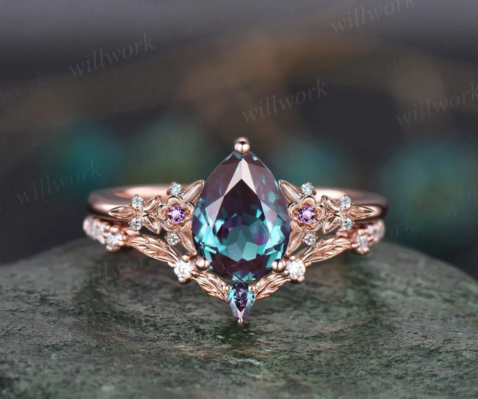 Vintage pear alexandrite engagement ring rose gold leaf flower amethyst ring women unique cluster diamond bridal wedding ring set gift sold by Willwork Jewelry