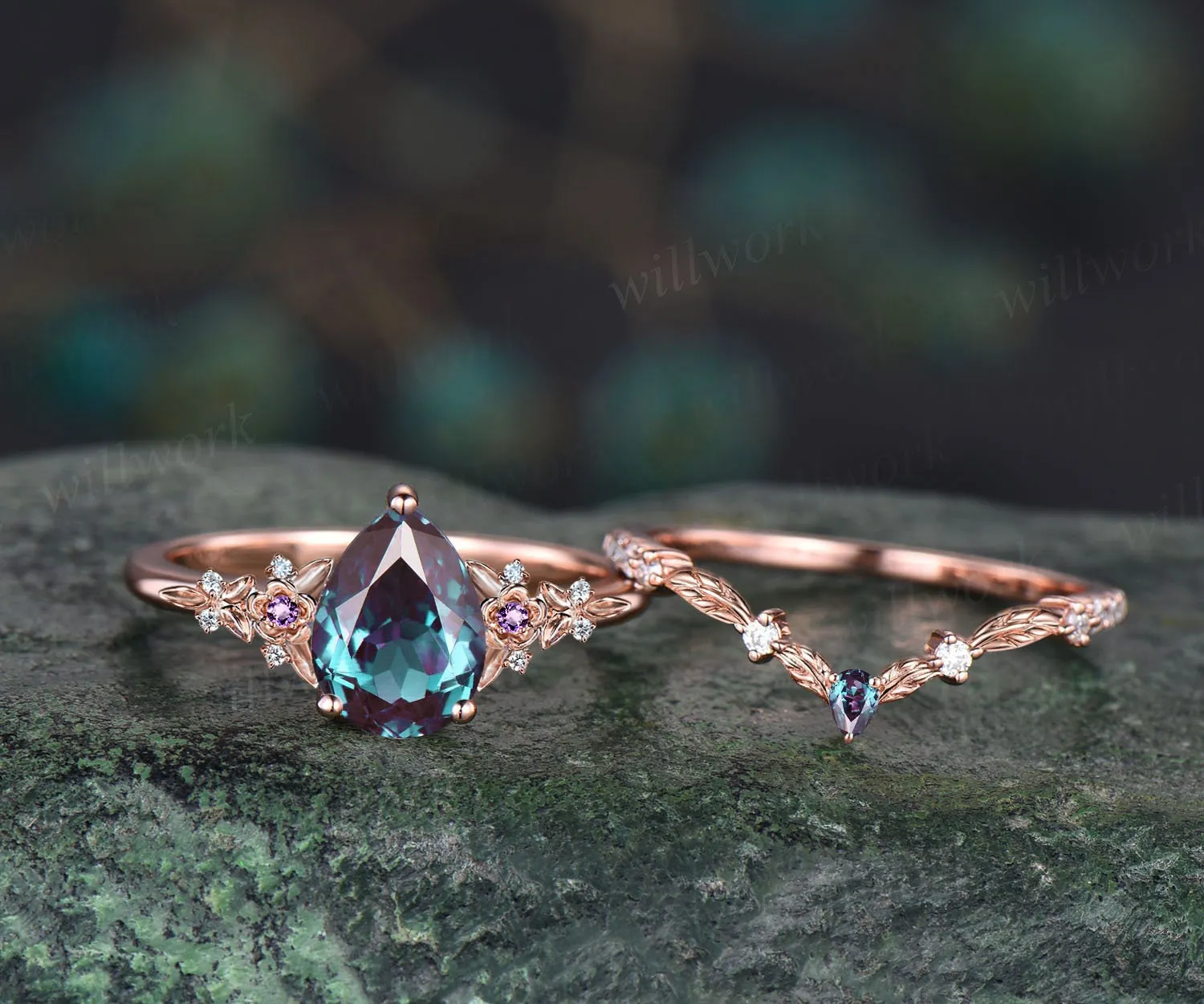 Vintage pear alexandrite engagement ring rose gold leaf flower amethyst ring women unique cluster diamond bridal wedding ring set gift sold by Willwork Jewelry product image thumbnail 3