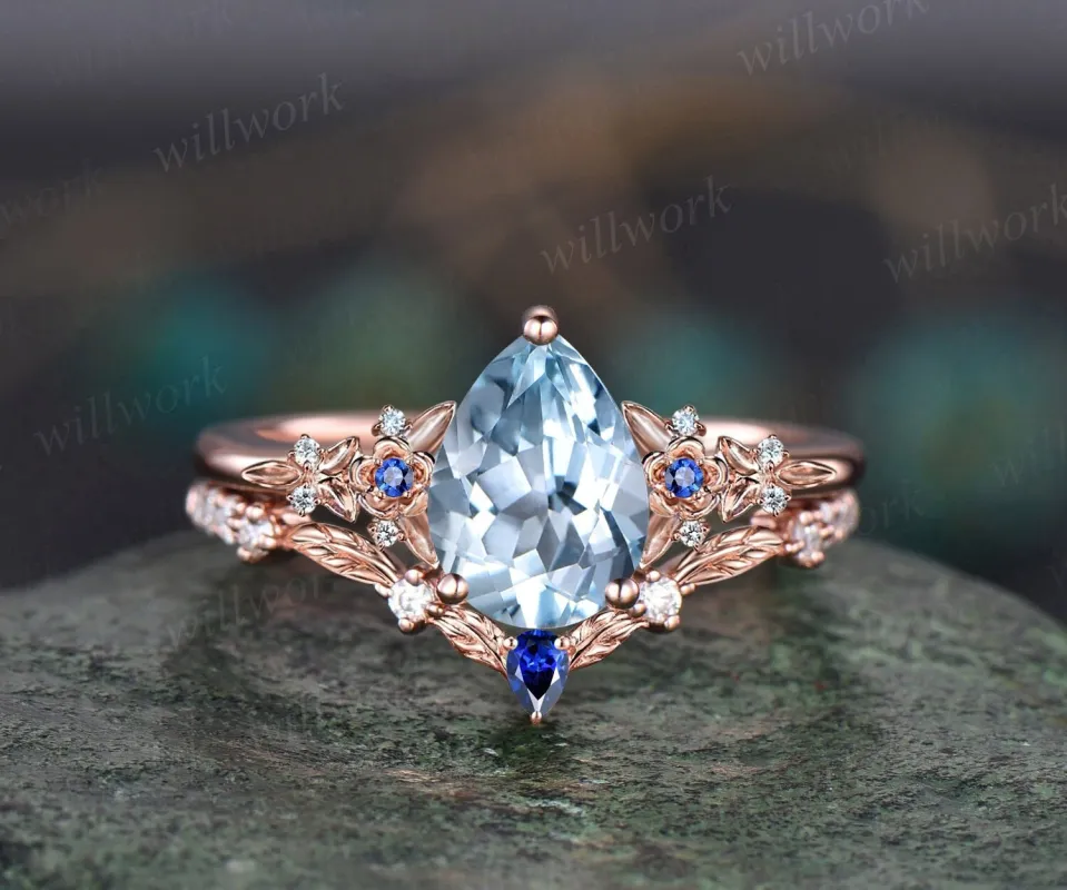 Vintage pear aquamarine engagement ring rose gold leaf flower sapphire ring women unique cluster diamond retro bridal wedding ring set gift sold by Willwork Jewelry