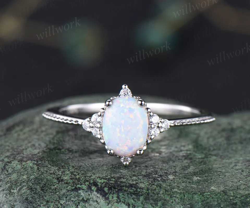Opal engagement ring set art deco moissanites ring dainty milgrain bridal ring October birthstone jewelry gifts sold by Willwork Jewelry