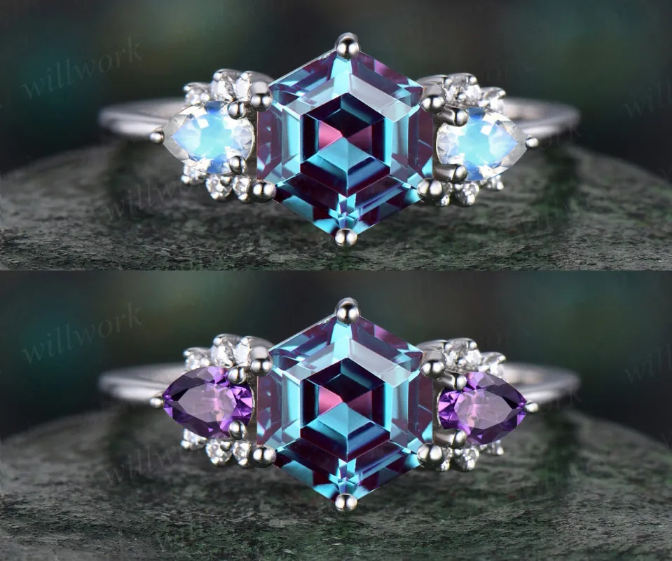 Vintage Hexagon Alexandrite engagement ring 14k white gold pear moonstone amethyst ring women unique Personalized wedding bridal ring gift sold by Willwork Jewelry