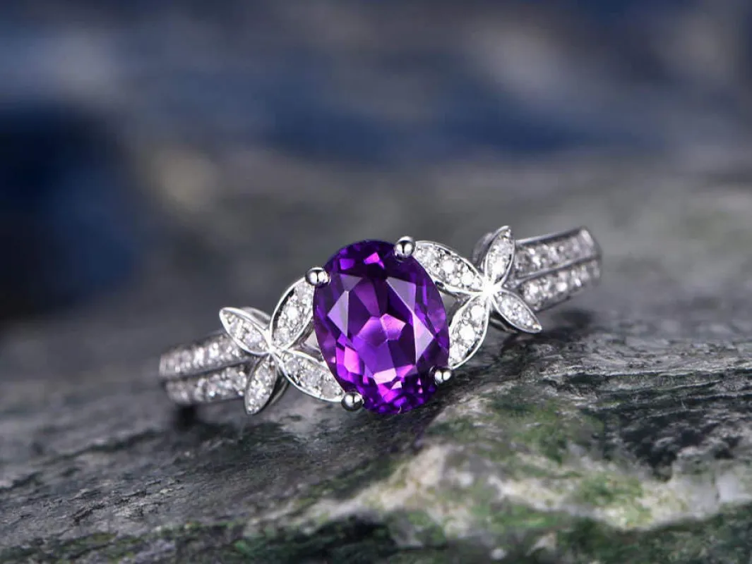 Purple Amethyst engagement ring-Solid 14k White gold-handmade diamond ring-Butterfly flower-6x8mm Oval cut gemstone promise ring sold by Willwork Jewelry