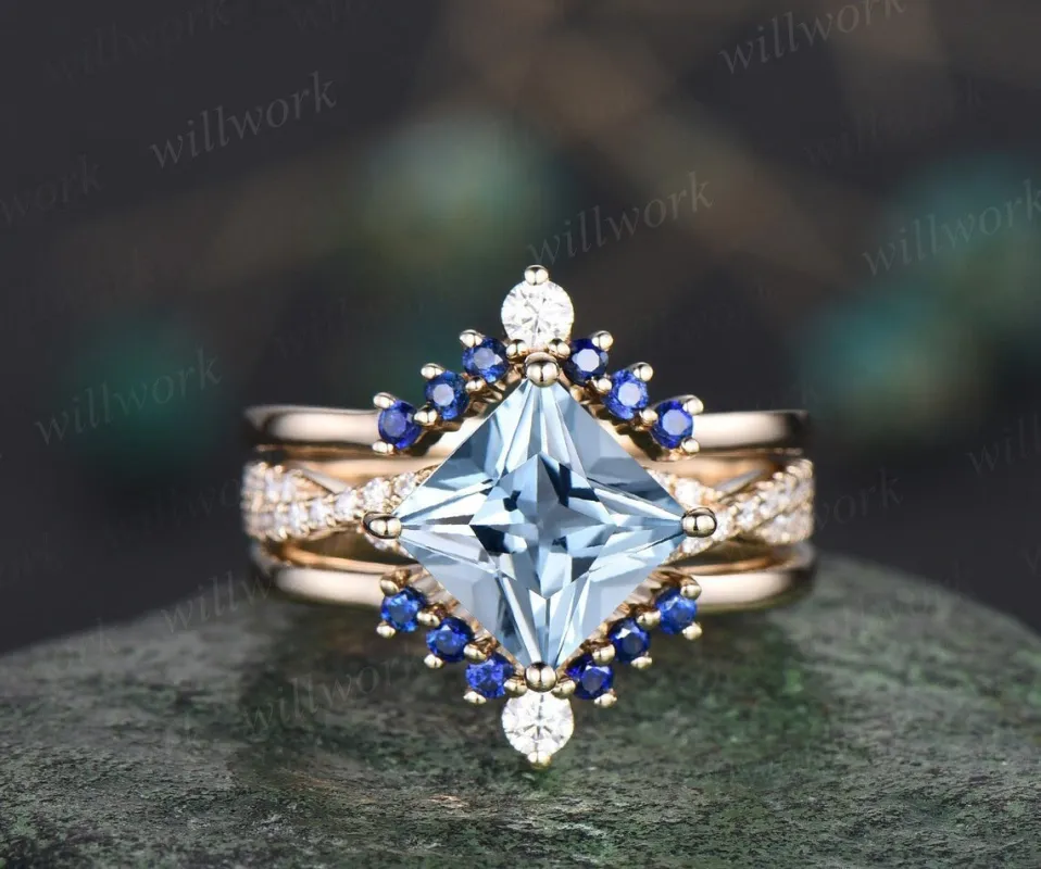 Vintage princess cut Aquamarine engagement ring solid 14k yellow gold twisted diamond ring natural sapphire bridal wedding ring set women sold by Willwork Jewelry