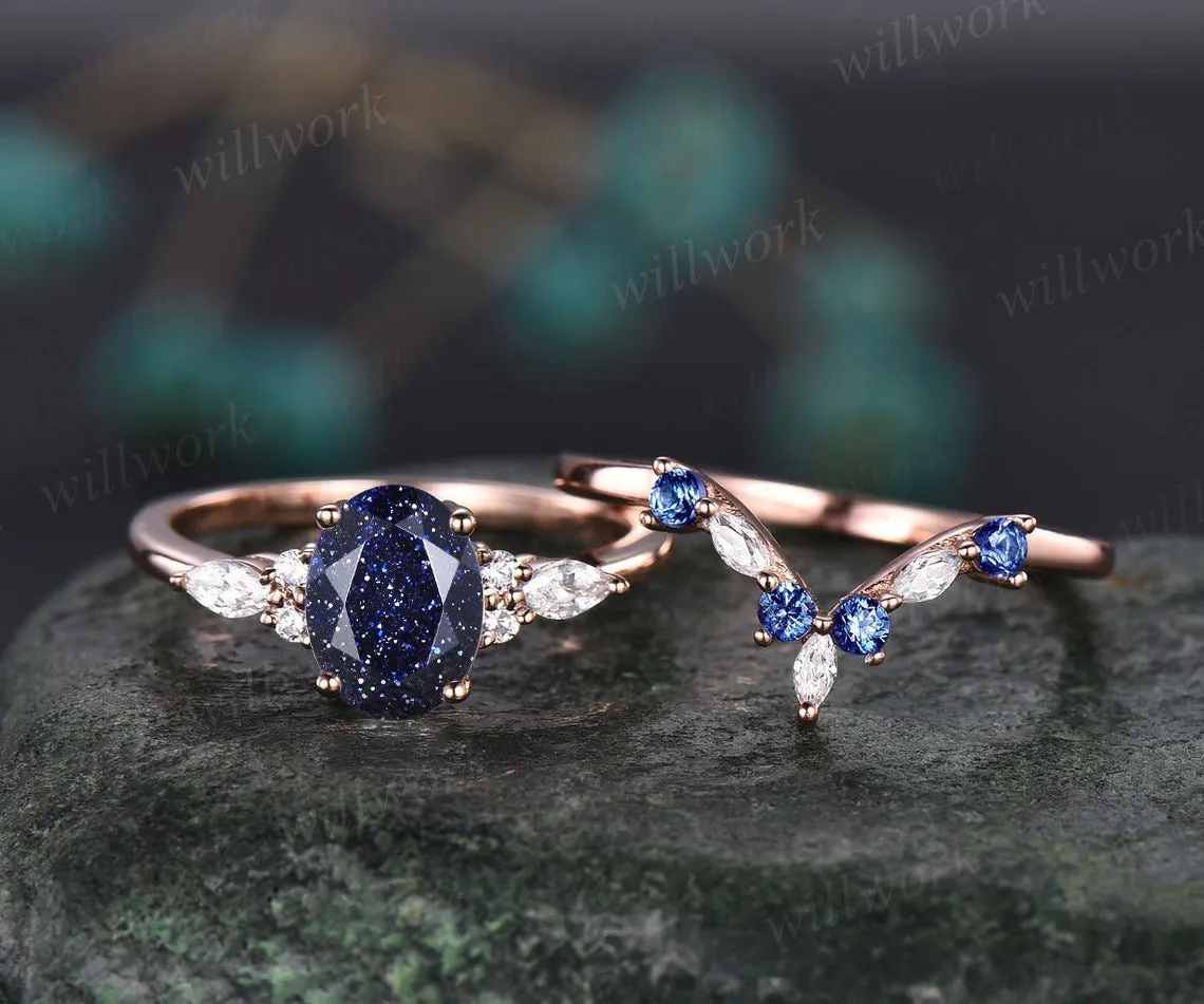 Oval blue sandstone ring vintage sapphire ring solid 14k white gold marquise moissanite ring unique engagement ring bridal set women gift sold by Willwork Jewelry product image thumbnail 4
