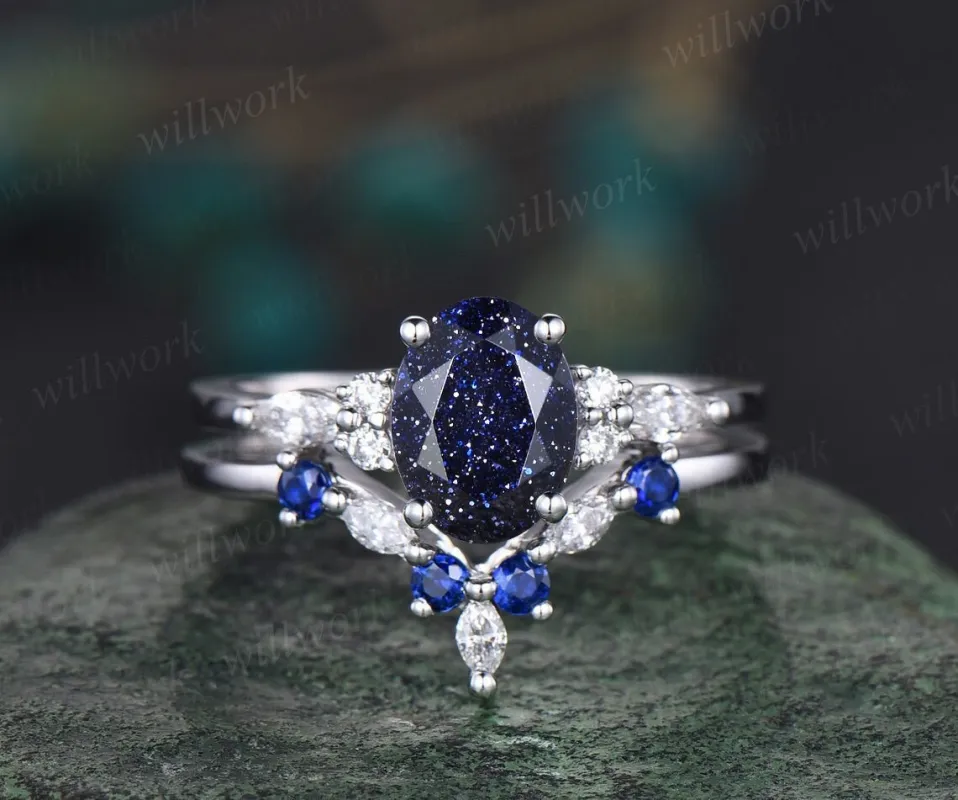 Oval blue sandstone ring vintage sapphire ring solid 14k white gold marquise moissanite ring unique engagement ring bridal set women gift sold by Willwork Jewelry