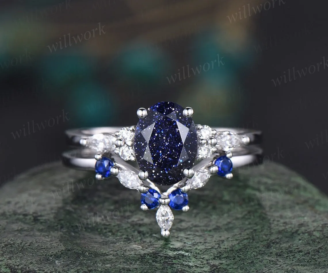 Oval blue sandstone ring vintage sapphire ring solid 14k white gold marquise moissanite ring unique engagement ring bridal set women gift sold by Willwork Jewelry