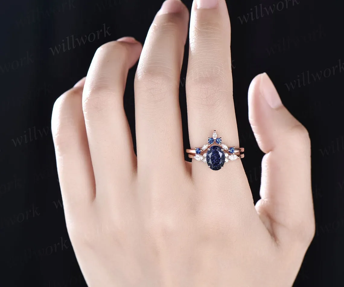 Oval blue sandstone ring vintage sapphire ring solid 14k white gold marquise moissanite ring unique engagement ring bridal set women gift sold by Willwork Jewelry product image thumbnail 2