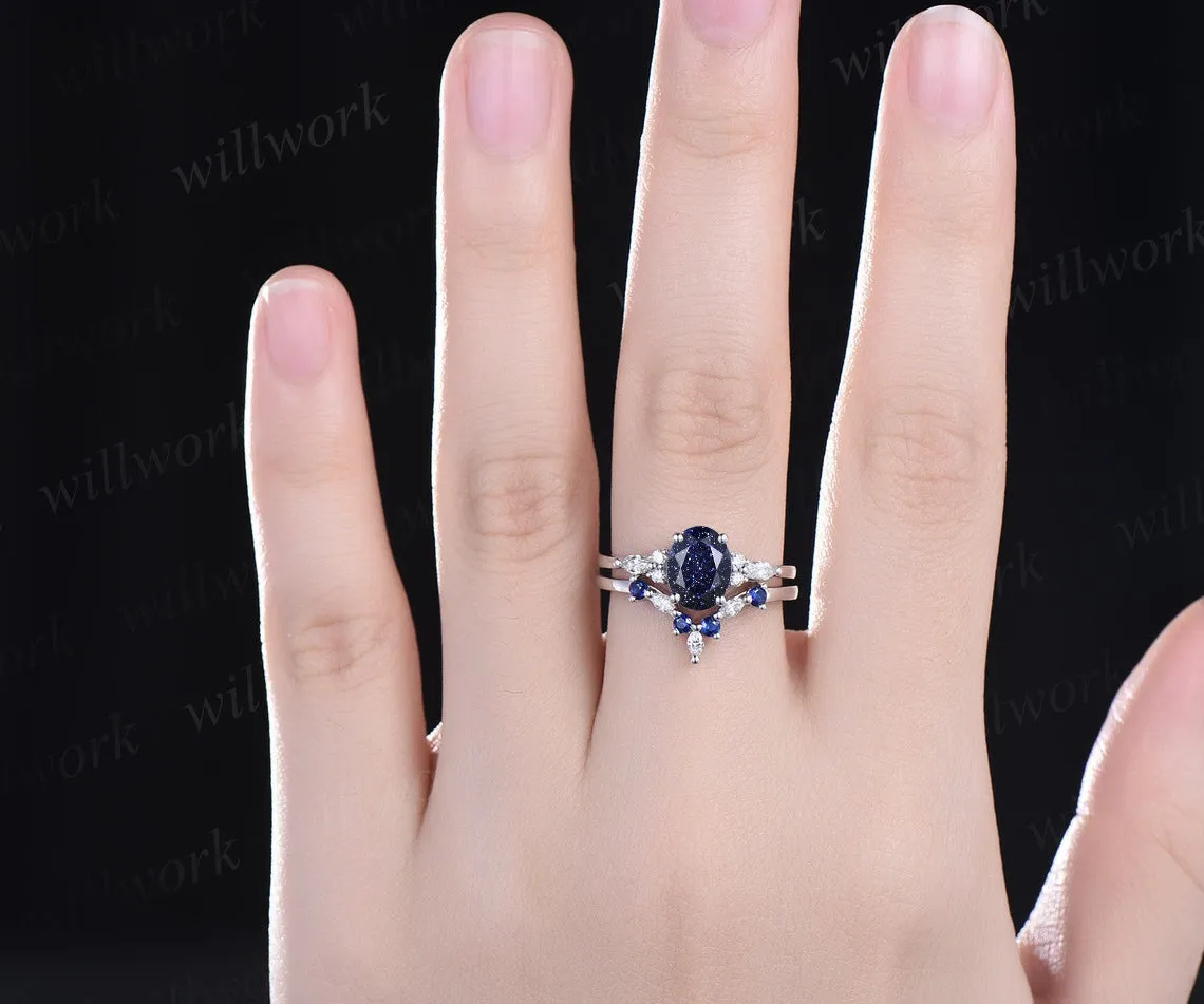 Oval blue sandstone ring vintage sapphire ring solid 14k white gold marquise moissanite ring unique engagement ring bridal set women gift sold by Willwork Jewelry product image thumbnail 5