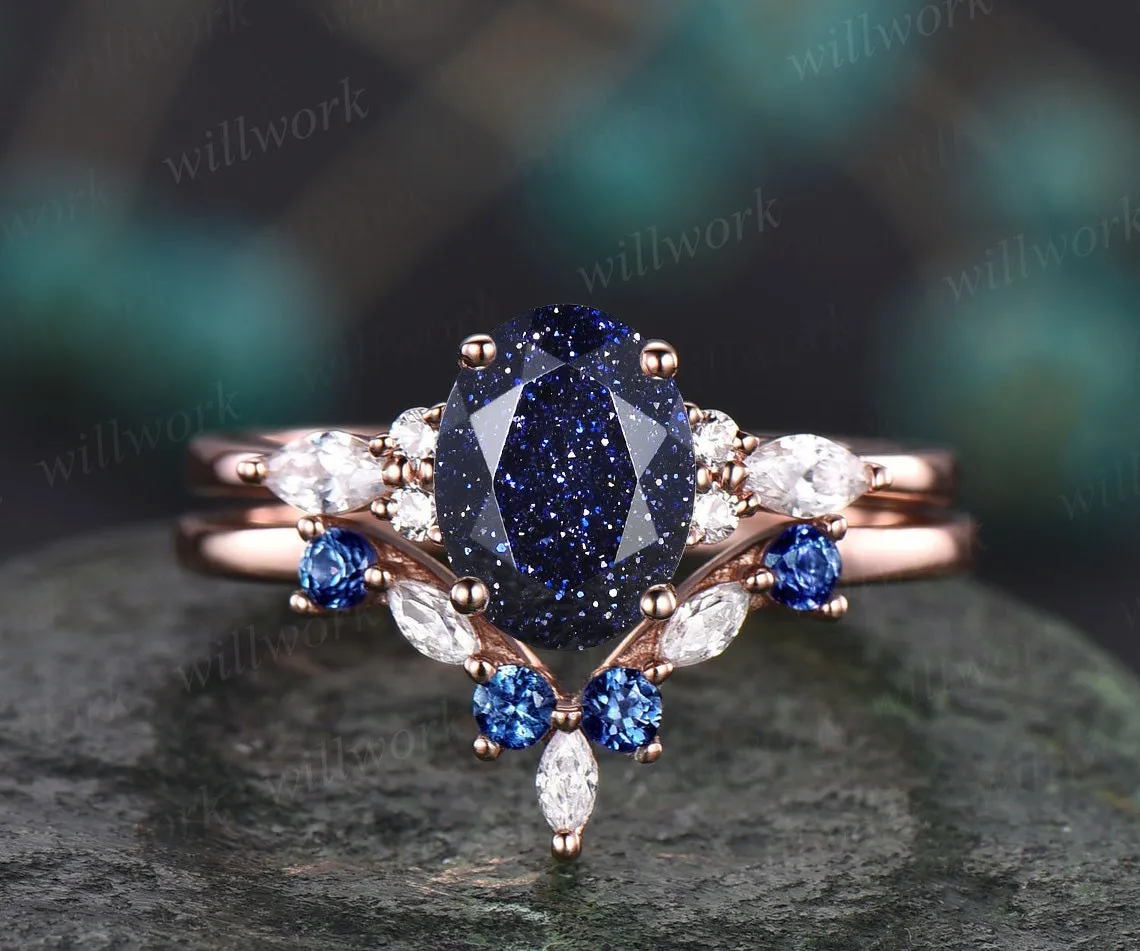 Oval blue sandstone ring vintage sapphire ring solid 14k white gold marquise moissanite ring unique engagement ring bridal set women gift sold by Willwork Jewelry product image thumbnail 3