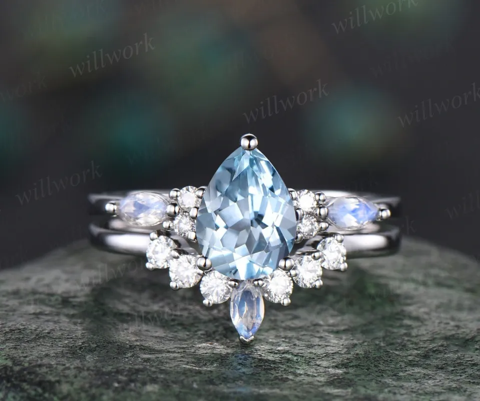 Pear Aquamarine ring vintage marquise moonstone ring solid 14k white gold bridal set unique engagement ring set women fine jewelry sold by Willwork Jewelry