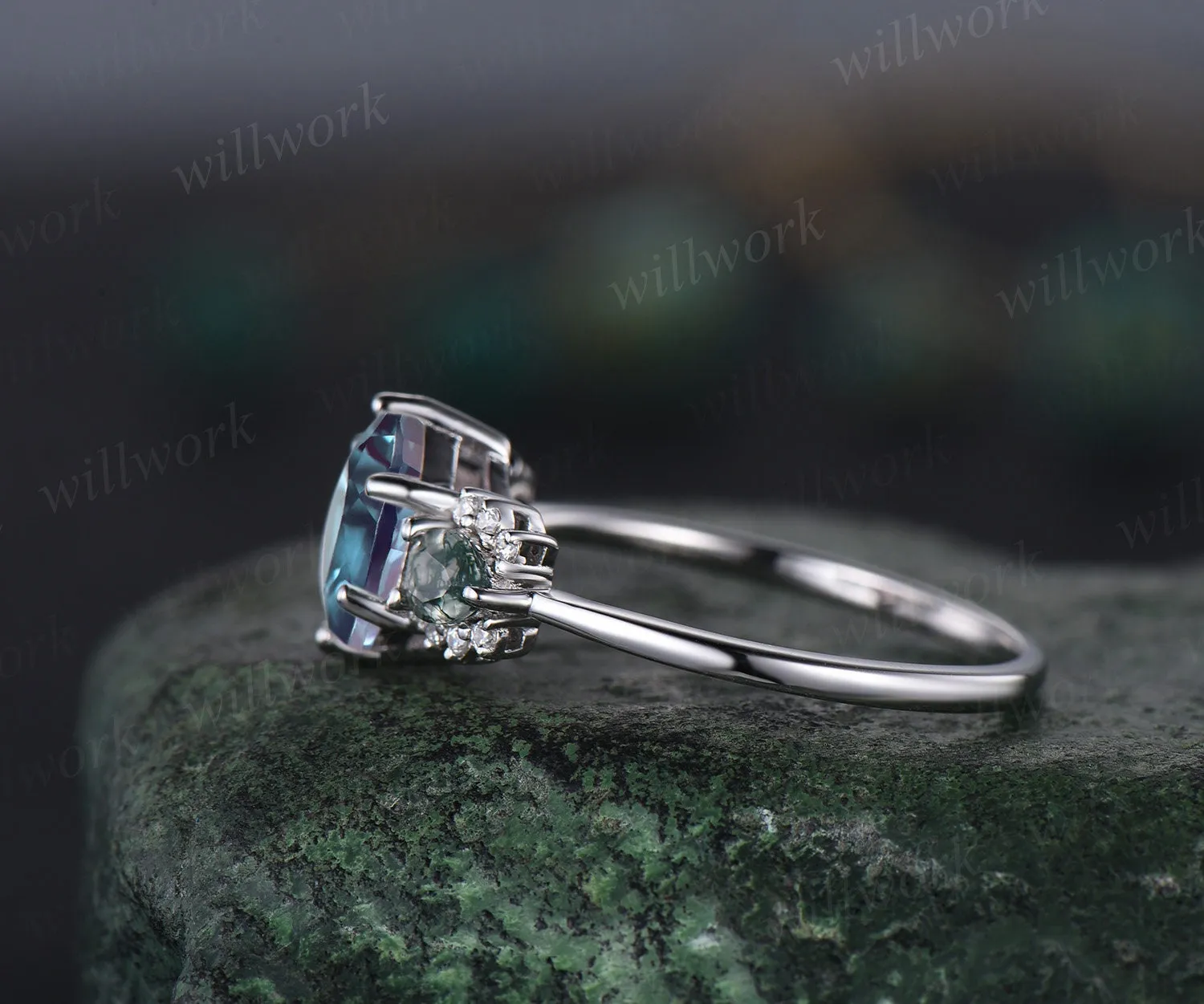 Hexagon Alexandrite ring white gold pear moss agate ring 6 prong cluster diamond ring unique engagement ring women anniversary ring gift sold by Willwork Jewelry product image thumbnail 4