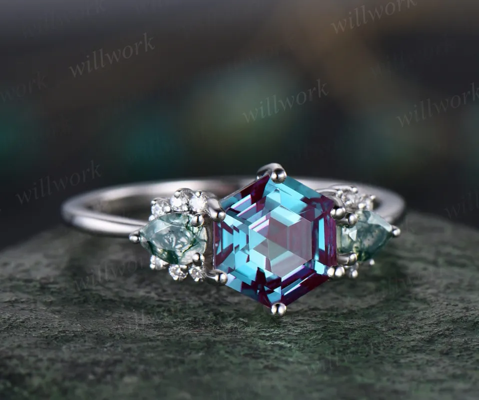 Hexagon Alexandrite ring white gold pear moss agate ring 6 prong cluster diamond ring unique engagement ring women anniversary ring gift sold by Willwork Jewelry