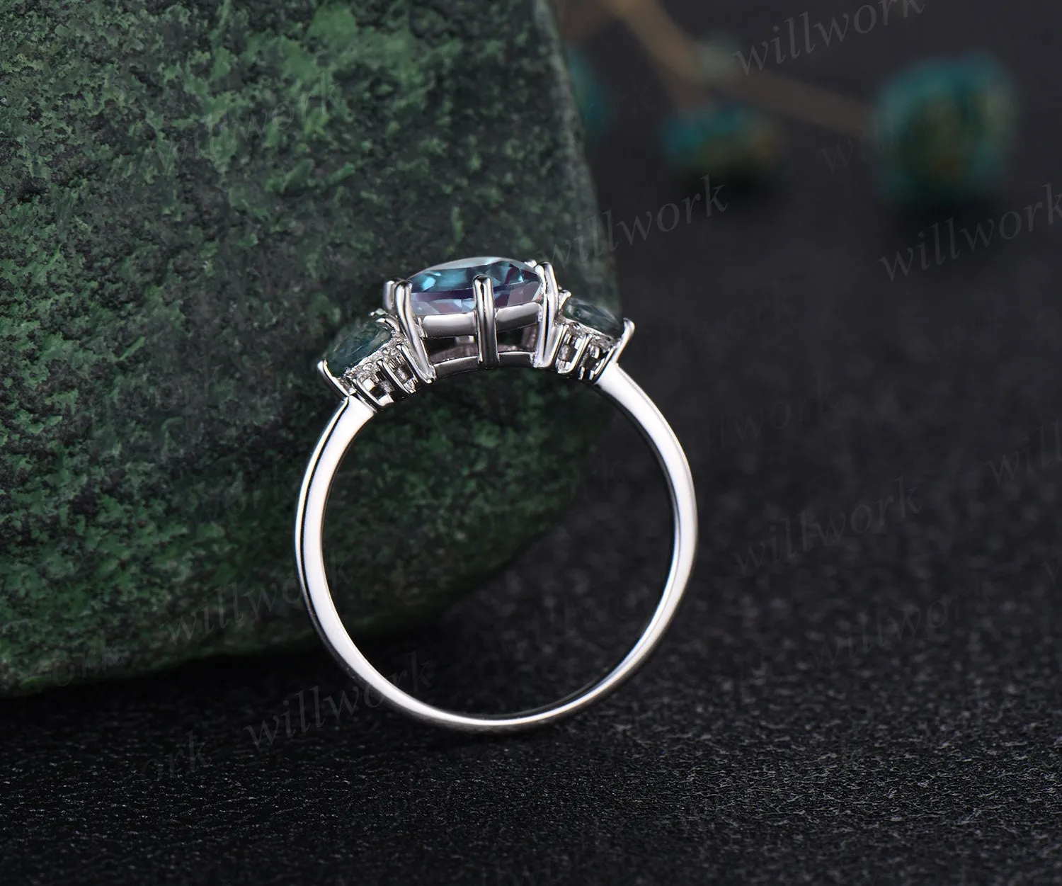 Hexagon Alexandrite ring white gold pear moss agate ring 6 prong cluster diamond ring unique engagement ring women anniversary ring gift sold by Willwork Jewelry product image thumbnail 5