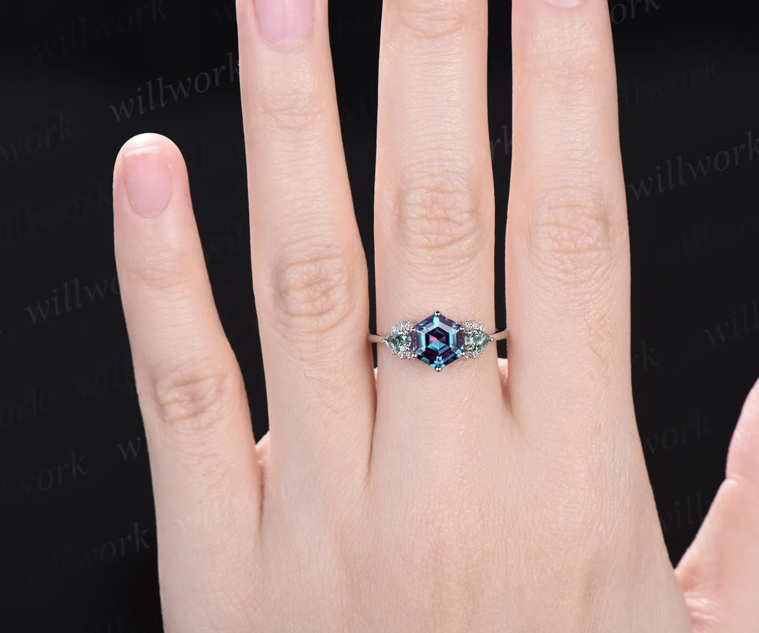 Hexagon Alexandrite ring white gold pear moss agate ring 6 prong cluster diamond ring unique engagement ring women anniversary ring gift sold by Willwork Jewelry product image thumbnail 2