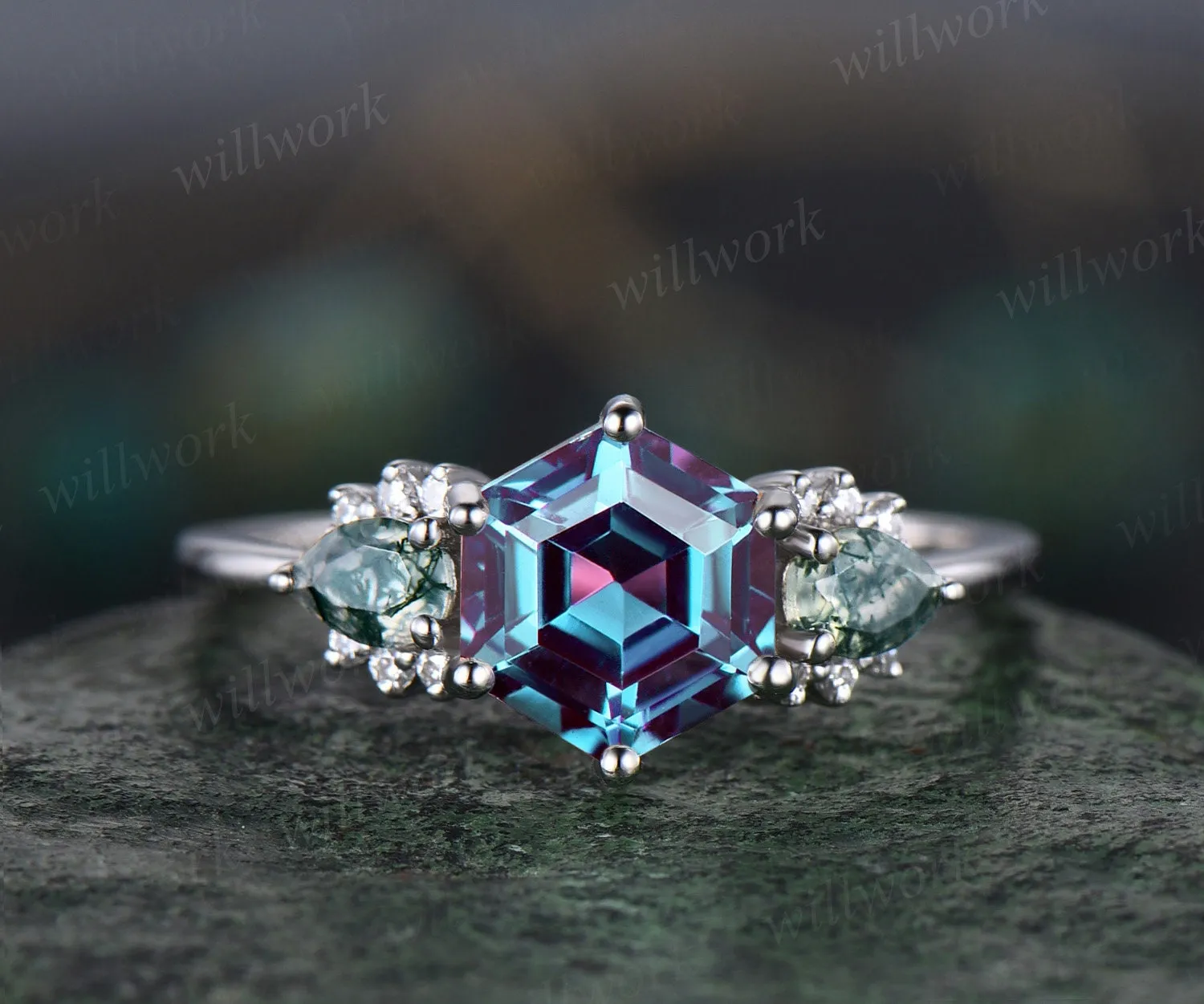 Hexagon Alexandrite ring white gold pear moss agate ring 6 prong cluster diamond ring unique engagement ring women anniversary ring gift sold by Willwork Jewelry product image thumbnail 3