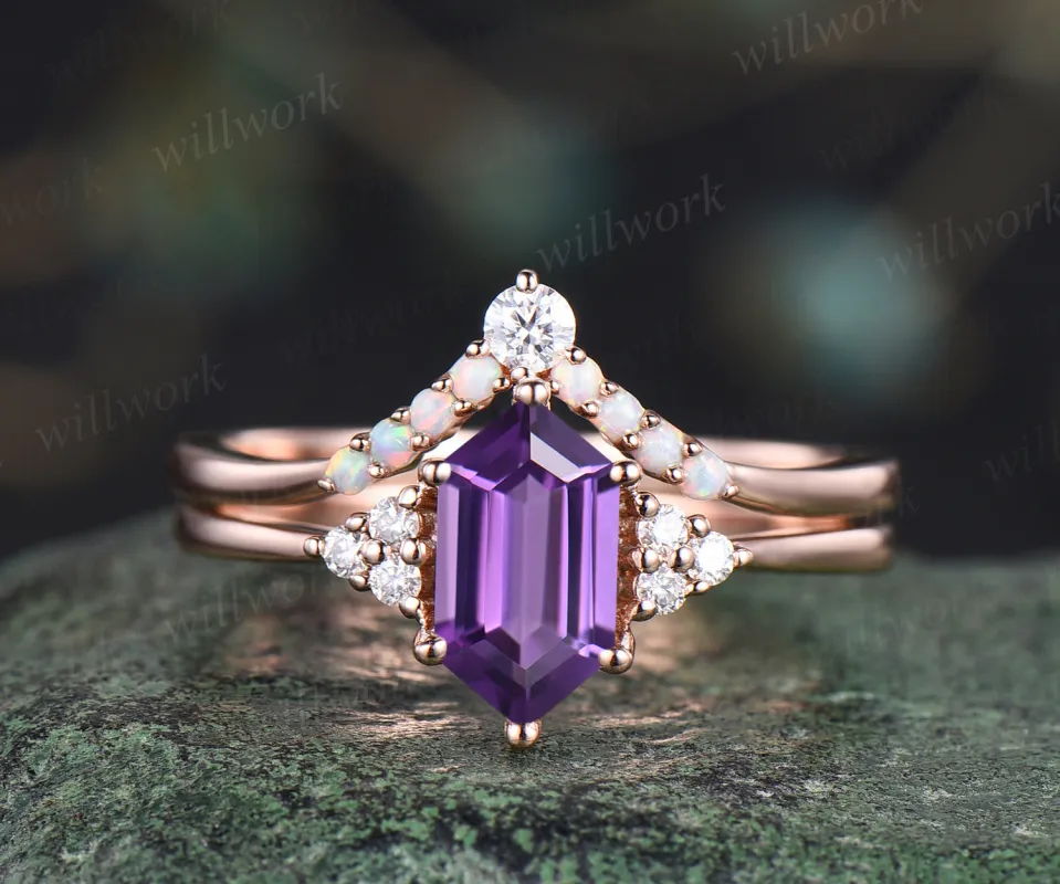 Natural Amethyst engagement ring set unique elongate hexagon amethyst ring art deco curved v wedding band promise ring bridal set handmade jewelry gifts sold by Willwork Jewelry