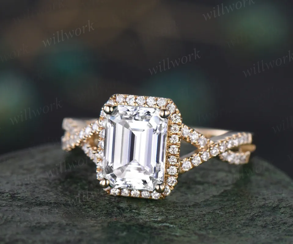 Emerald cut moissanite ring vintage infinity halo unique engagement ring twisted diamond ring yellow gold retro promise wedding ring women sold by Willwork Jewelry