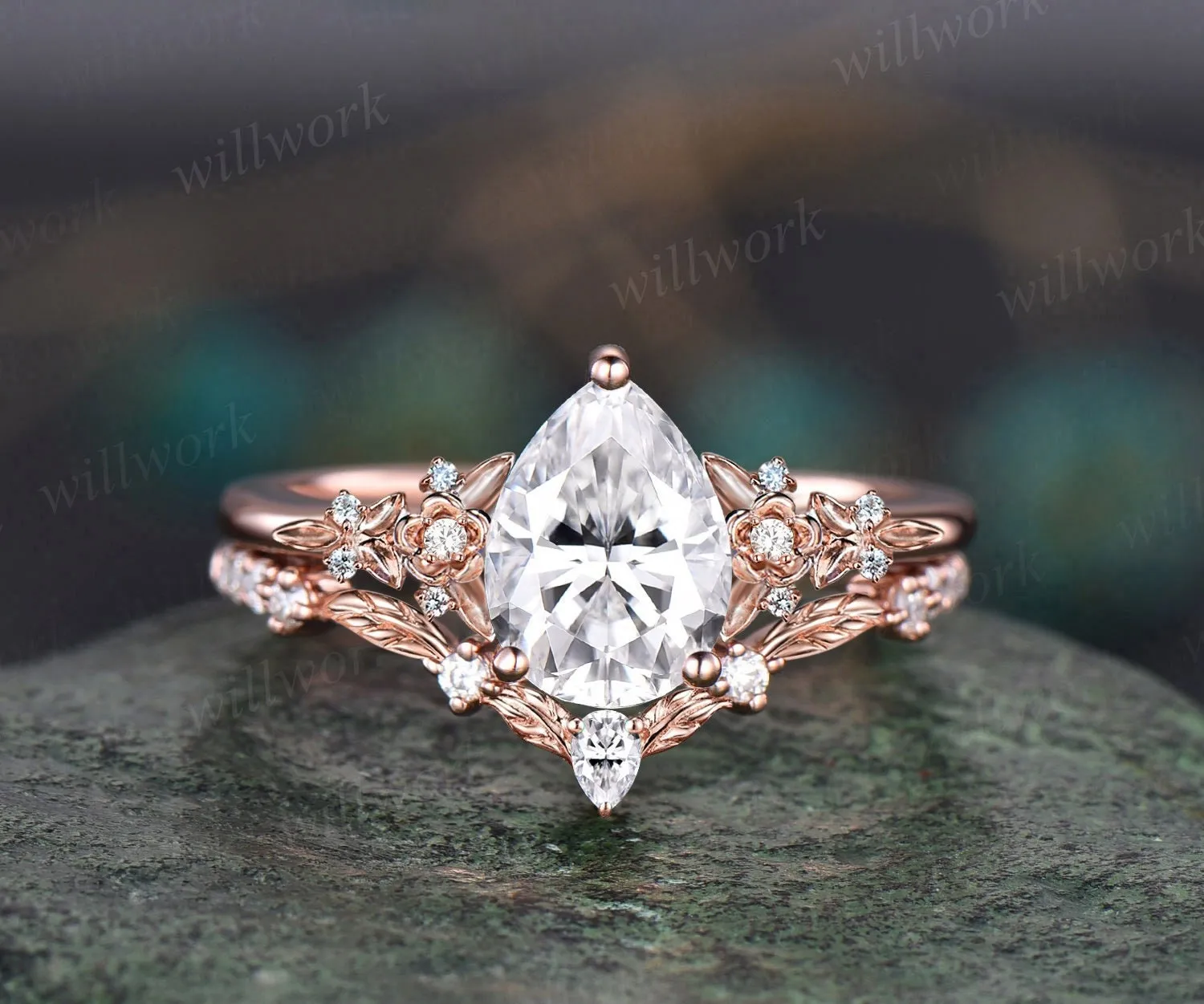 Vintage pear moissanite engagement ring rose gold leaf flower nature inspired ring women unique cluster diamond bridal wedding ring set sold by Willwork Jewelry