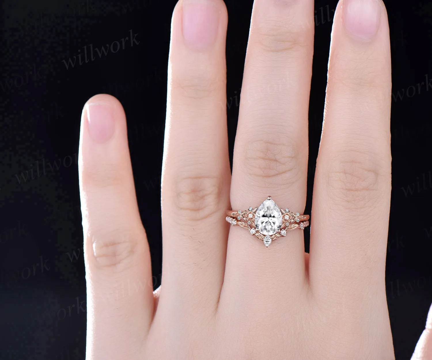Vintage pear moissanite engagement ring rose gold leaf flower nature inspired ring women unique cluster diamond bridal wedding ring set sold by Willwork Jewelry product image thumbnail 2