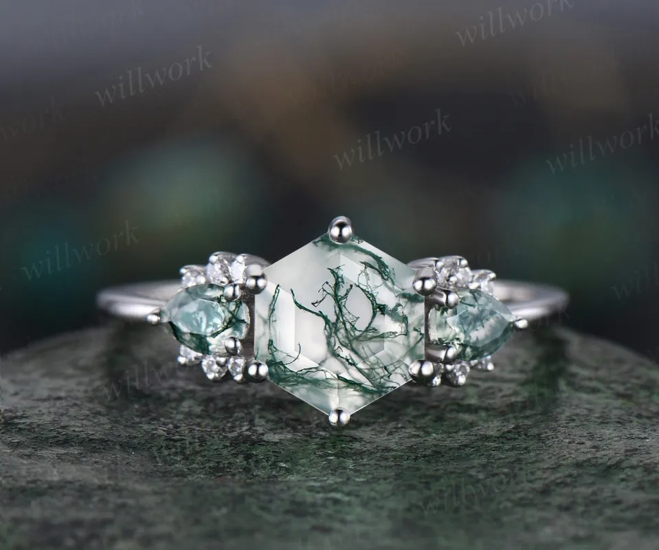 Hexagon pear green moss agate engagement ring solid 14k white gold Personalized retro cluster moissanite wedding bridal ring women sold by Willwork Jewelry