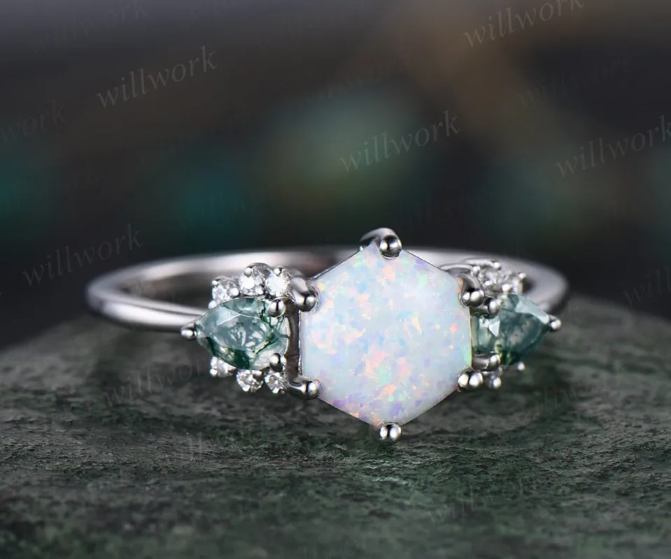 Hexagon white opal ring vintage pear moss agate ring 14k white gold 6 prong unique engagement ring women dainty anniversary ring gift sold by Willwork Jewelry