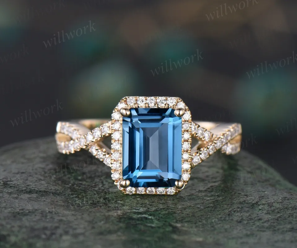 Emerald cut London blue topaz ring vintage infinity halo unique engagement ring twisted diamond ring yellow gold promise wedding ring women made by Willwork Jewelry