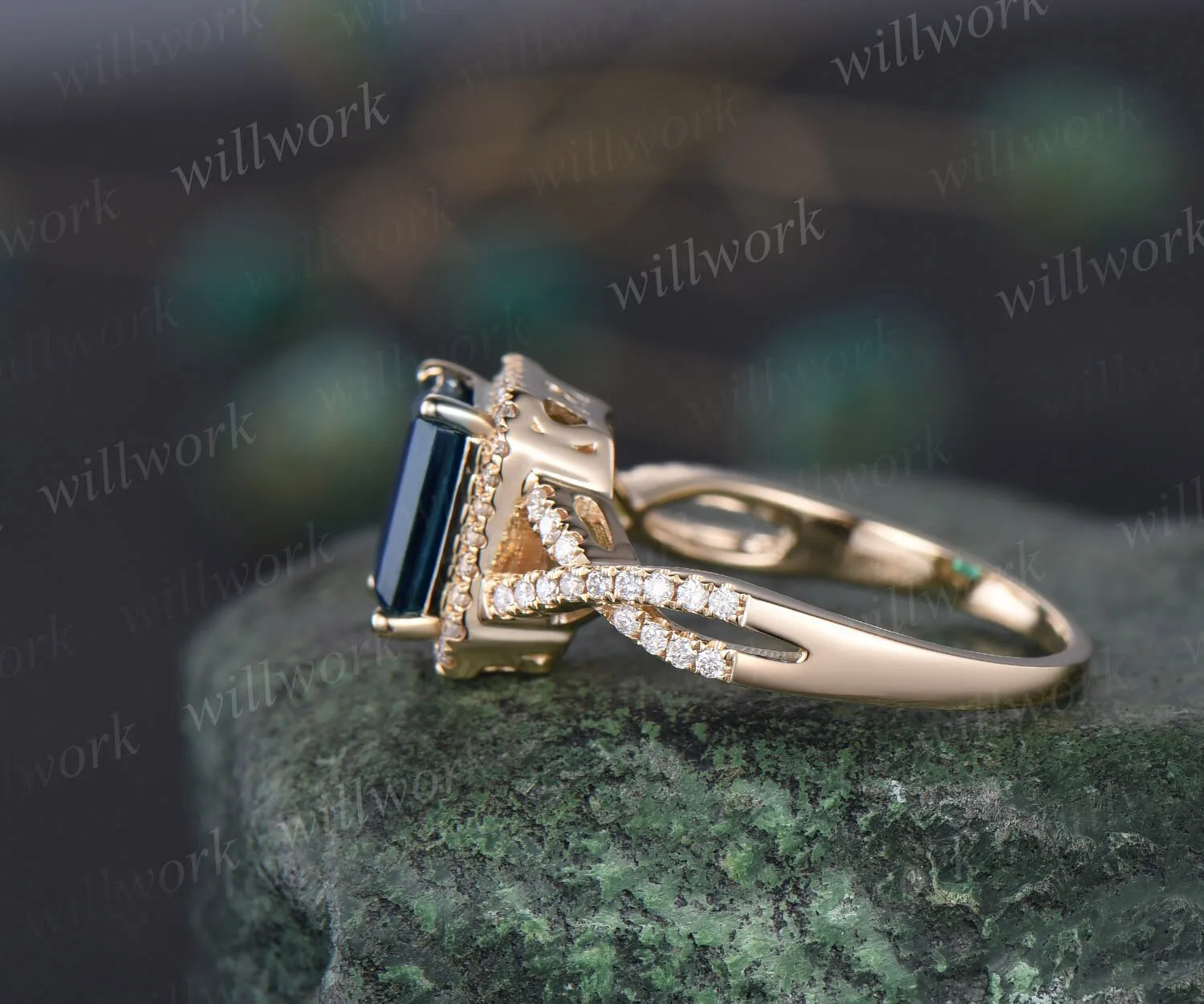 Emerald cut London blue topaz ring vintage infinity halo unique engagement ring twisted diamond ring yellow gold promise wedding ring women sold by Willwork Jewelry product image thumbnail 5