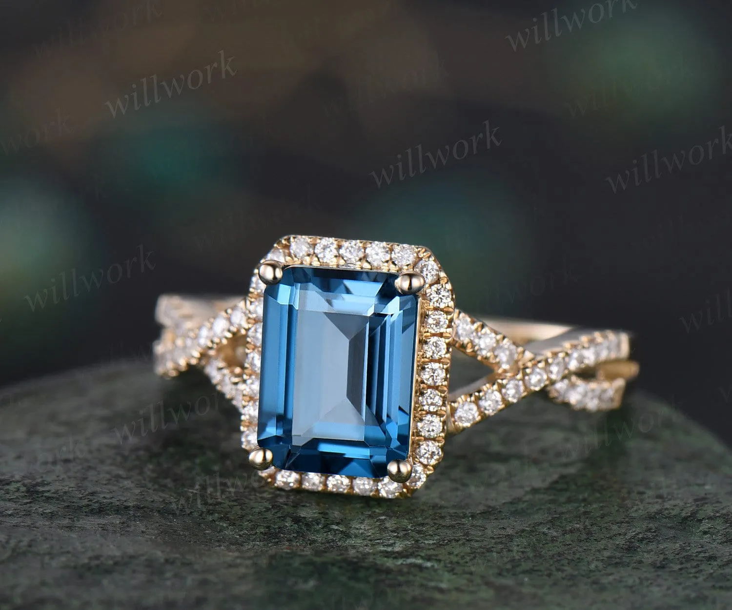Emerald cut London blue topaz ring vintage infinity halo unique engagement ring twisted diamond ring yellow gold promise wedding ring women sold by Willwork Jewelry product image thumbnail 3