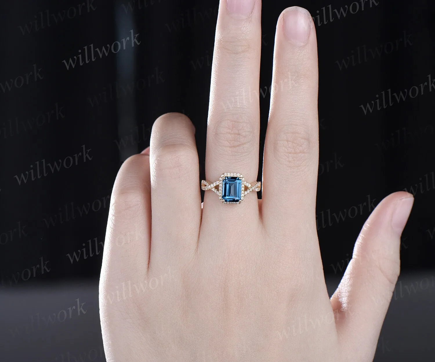 Emerald cut London blue topaz ring vintage infinity halo unique engagement ring twisted diamond ring yellow gold promise wedding ring women sold by Willwork Jewelry product image thumbnail 2