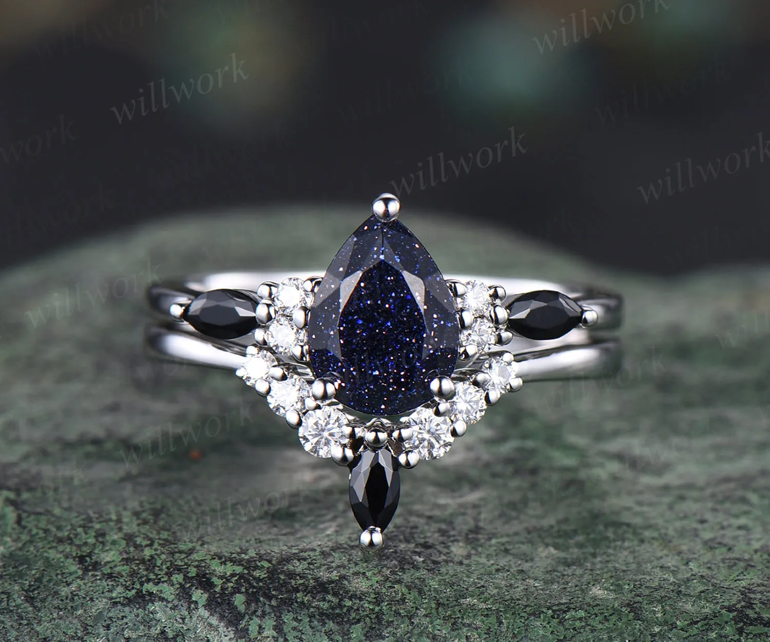 Vintage blue sandstone engagement ring set unique Galaxy blue gem ring curved moissanites wedding band bridal wedding set anniversary gifts sold by Willwork Jewelry