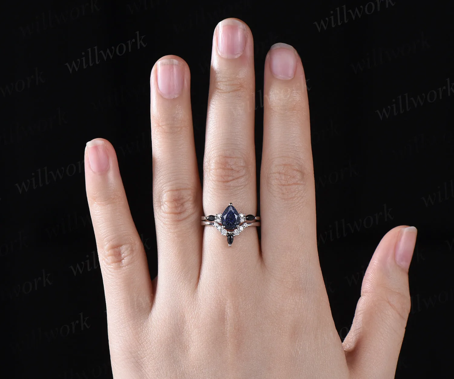 Vintage blue sandstone engagement ring set unique Galaxy blue gem ring curved moissanites wedding band bridal wedding set anniversary gifts sold by Willwork Jewelry product image thumbnail 2