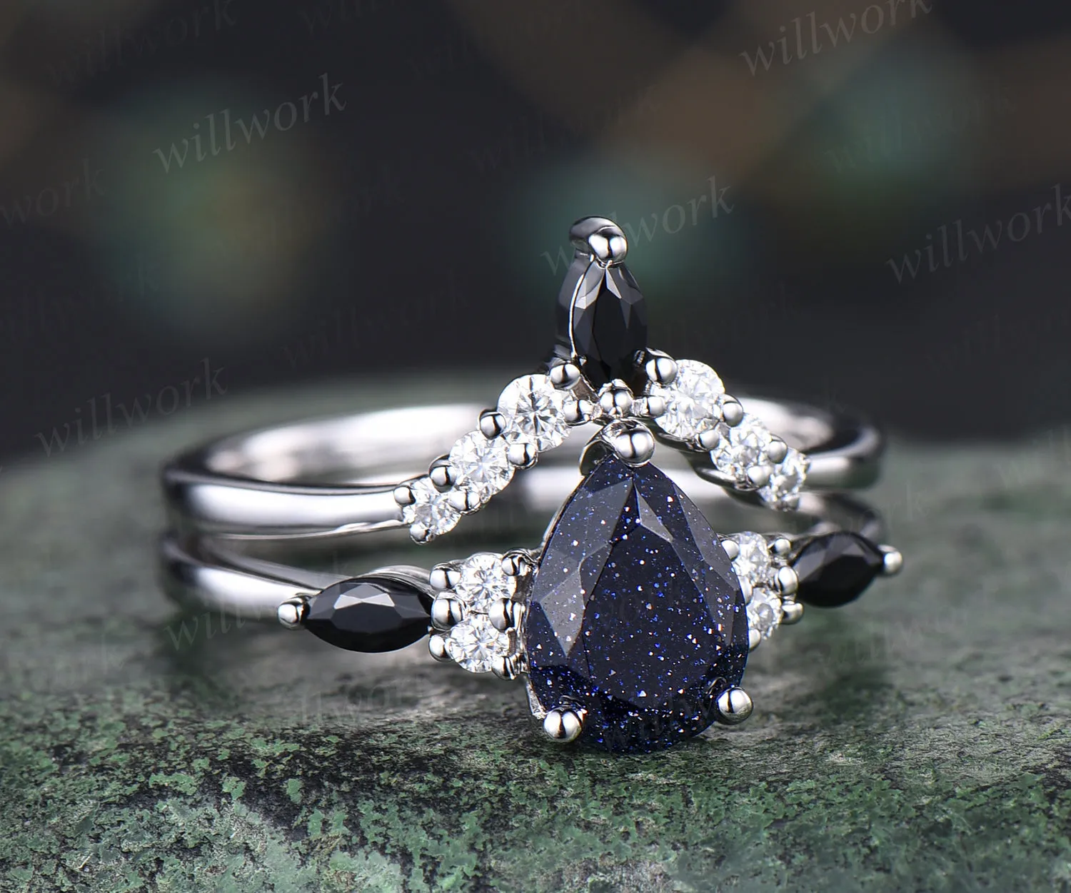 Vintage blue sandstone engagement ring set unique Galaxy blue gem ring curved moissanites wedding band bridal wedding set anniversary gifts sold by Willwork Jewelry product image thumbnail 5