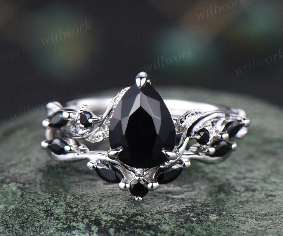 Unique black Onyx engagement ring set vintage pear black onyx leaf ring art deco black spinel wedding band bridal set gifts for women made by Willwork Jewelry