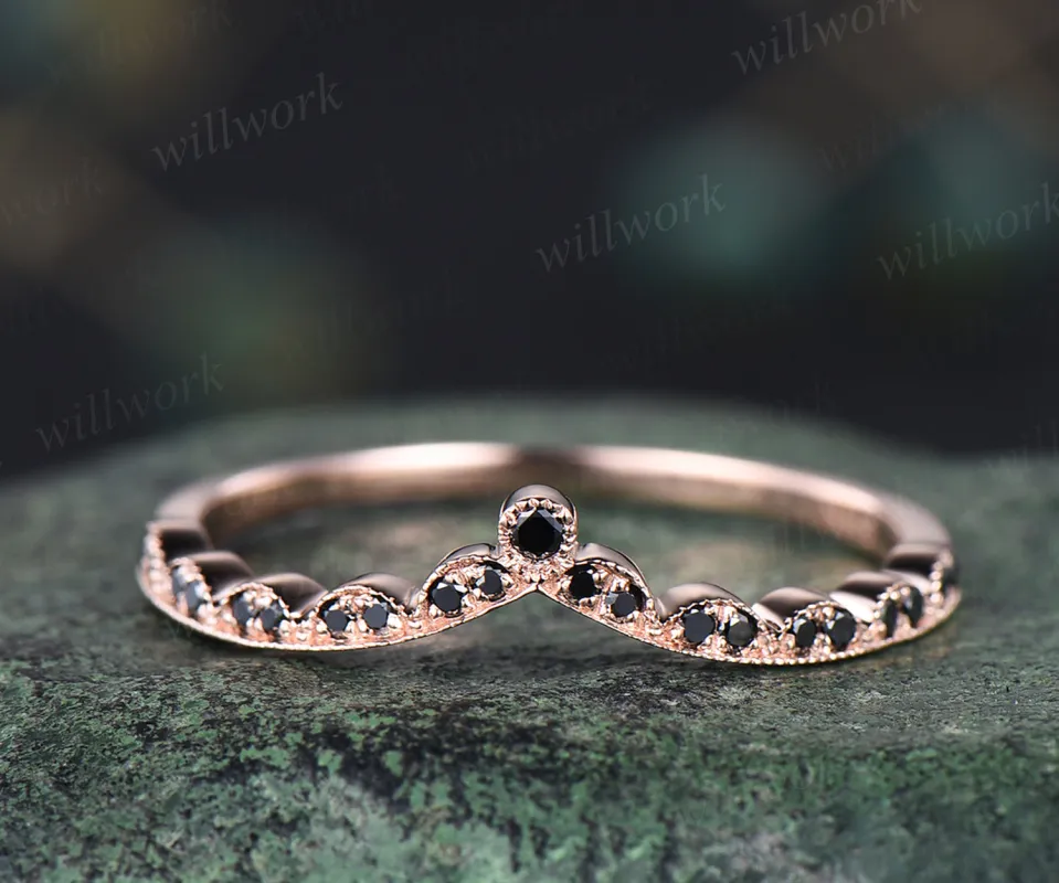 Vintage black diamond wedding band milgrain art deco black diamonds curved wedding ring band dainty stacking ring for women jewelry gifts sold by Willwork Jewelry