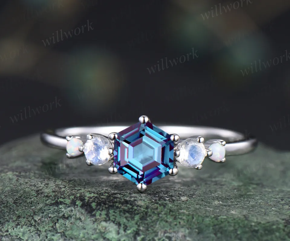 Hexagon alexandrite ring unique color change gemstone engagement ring art deco moonstone ring June birthstone ring promise ring for women sold by Willwork Jewelry
