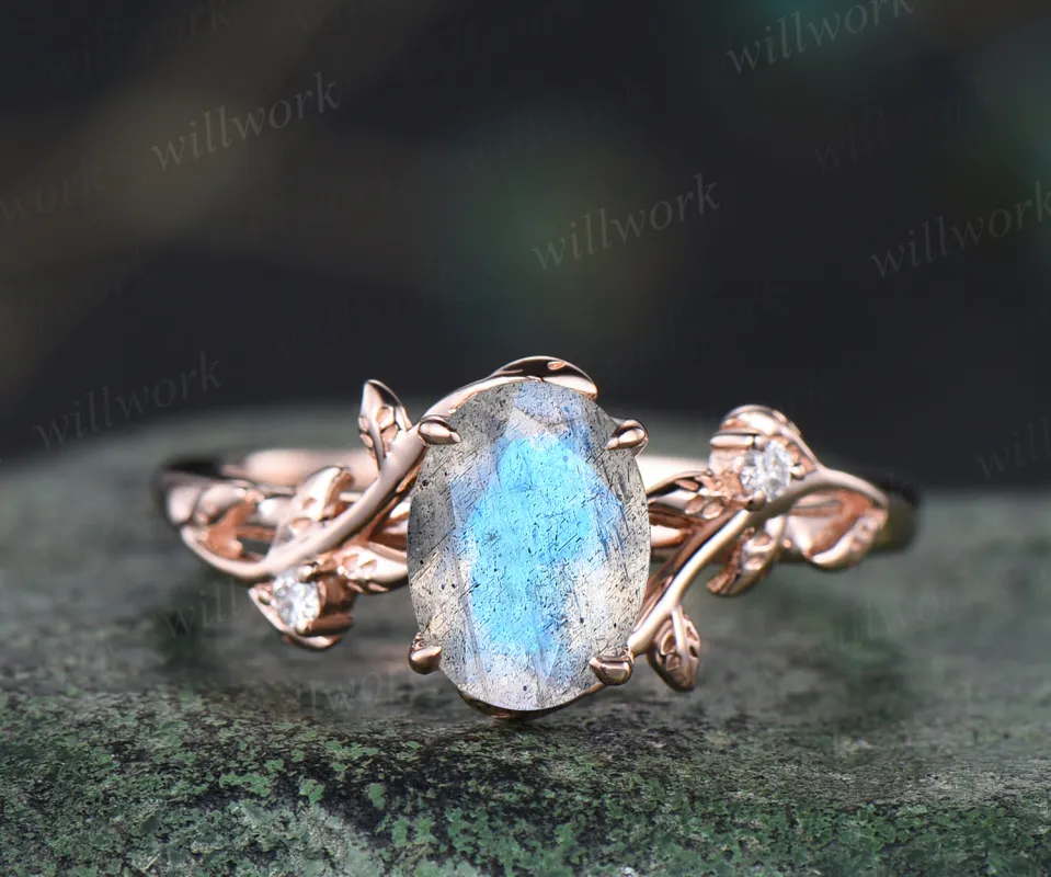 Oval cut blue labradorite engagement ring art deco moissanite leaf twig ring solid 14k rose gold alternative moonstone ring jewelry gifts sold by Willwork Jewelry