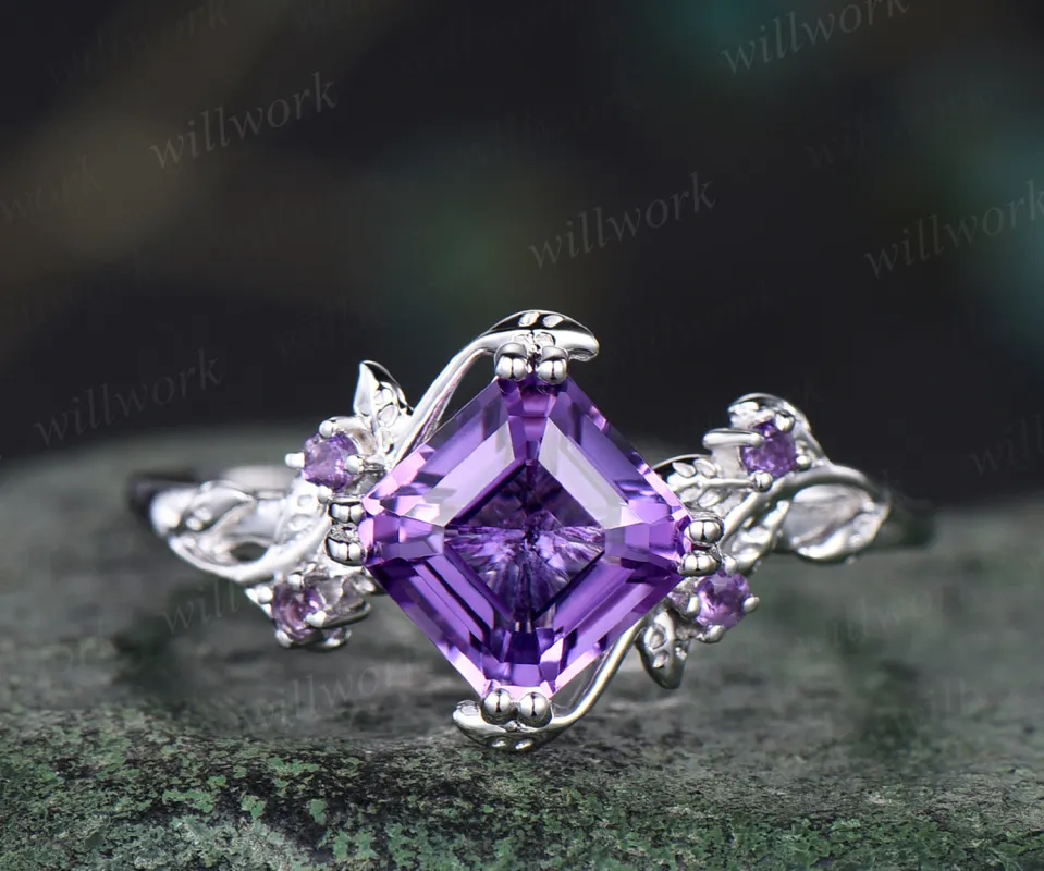 Asscher  cut amethyst engagement ring vintage purple gemstone promise ring nature inspired leaf wedding ring February birthstone jewelry for women sold by Willwork Jewelry