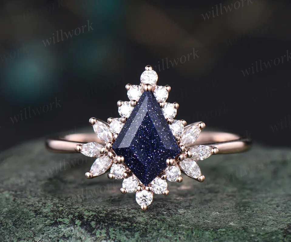 Unique kite cut blue sandstone engagement ring art deco moissanites halo ring Galaxy stone promise ring 14k rose gold bridal ring gifts for women sold by Willwork Jewelry