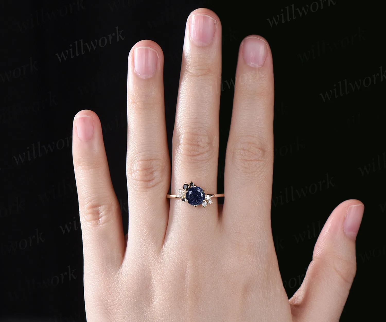 Vintage round cut blue sandstone engagement ring cluster black spinels marquise diamonds ring dainty bridal ring for women sold by Willwork Jewelry product image thumbnail 2