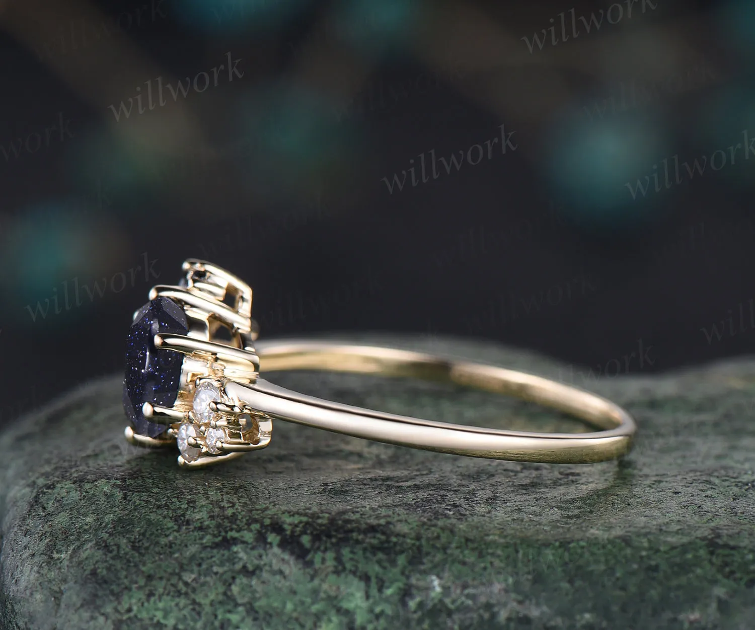 Vintage round cut blue sandstone engagement ring cluster black spinels marquise diamonds ring dainty bridal ring for women sold by Willwork Jewelry product image thumbnail 4