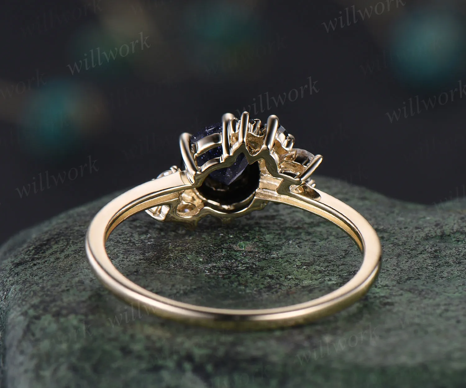 Vintage round cut blue sandstone engagement ring cluster black spinels marquise diamonds ring dainty bridal ring for women sold by Willwork Jewelry product image thumbnail 5